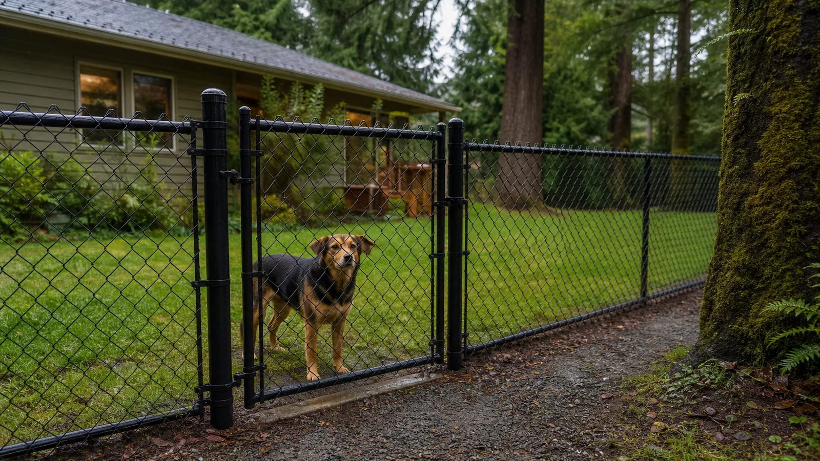 Chain-Link Dog Fence in Woodland, WA: Mesh, Gates and Wet Ground