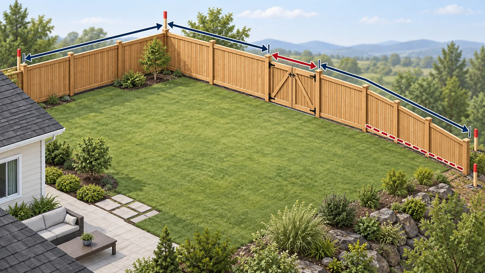 Illustration of separate fence runs, a gate opening and a change in grade