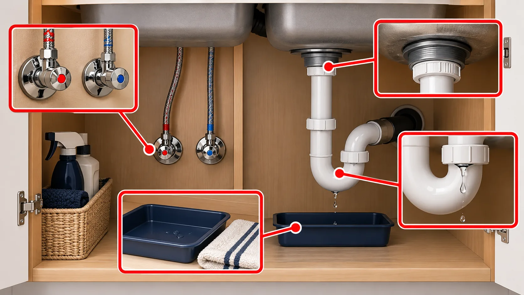 Illustration of sink shutoff valves, supply lines, drain trap and visible drip points